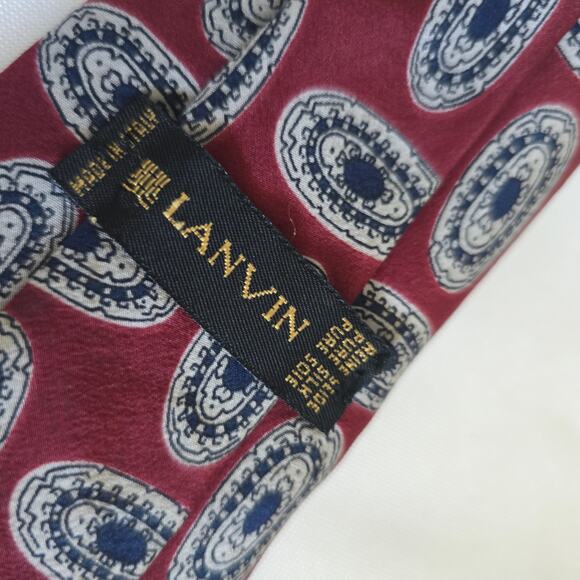 Lanvin Mens Necktie Pure Silk Burgundy Red Paisley 3.75" Retro - Picture 4 of 5